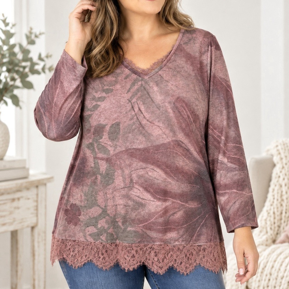 Catherines Muted Floral Lace Hem Tunic Blouse 1XWP Petite Plus V-Neck Soft Girl